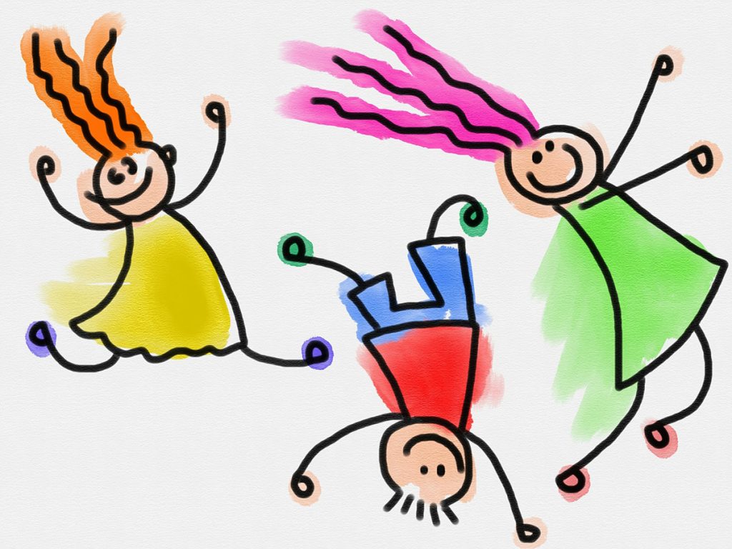 Cartoon-style illustrations of three kids dancing