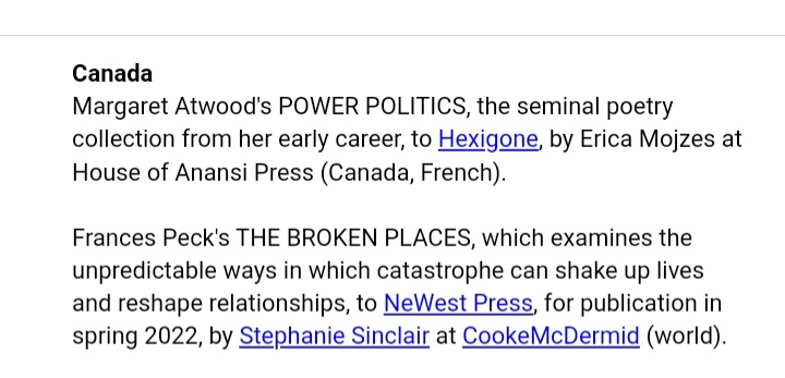 Publishers Weekly announcement of the sale of The Broken Places, listed after an announcement about Margaret Atwood.