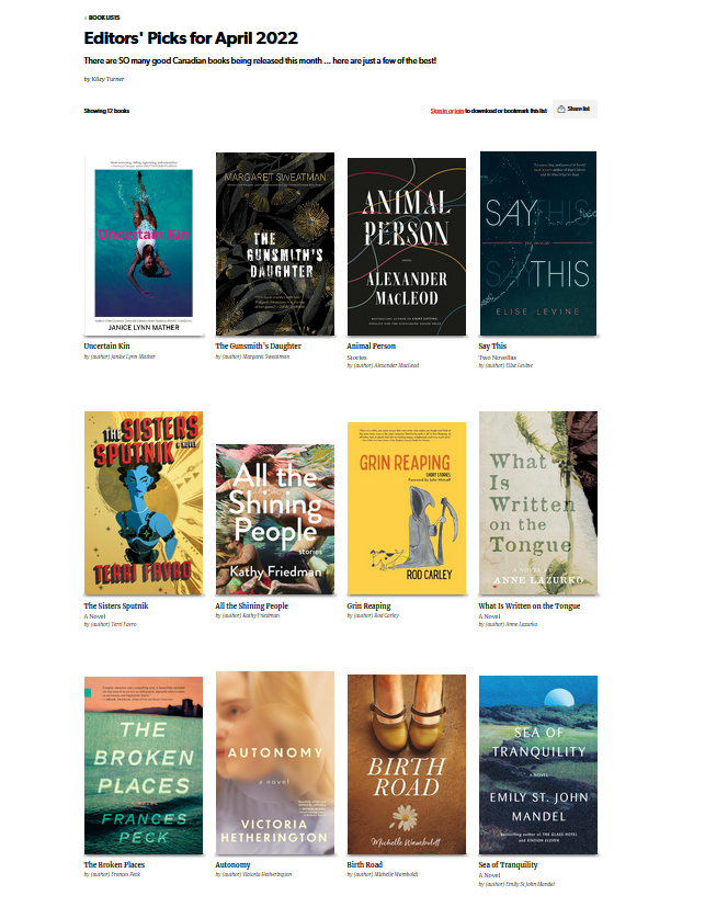 Covers of the books chosen by 49th Shelf editors as picks for the month of April 2022, including the novel The Broken Places.