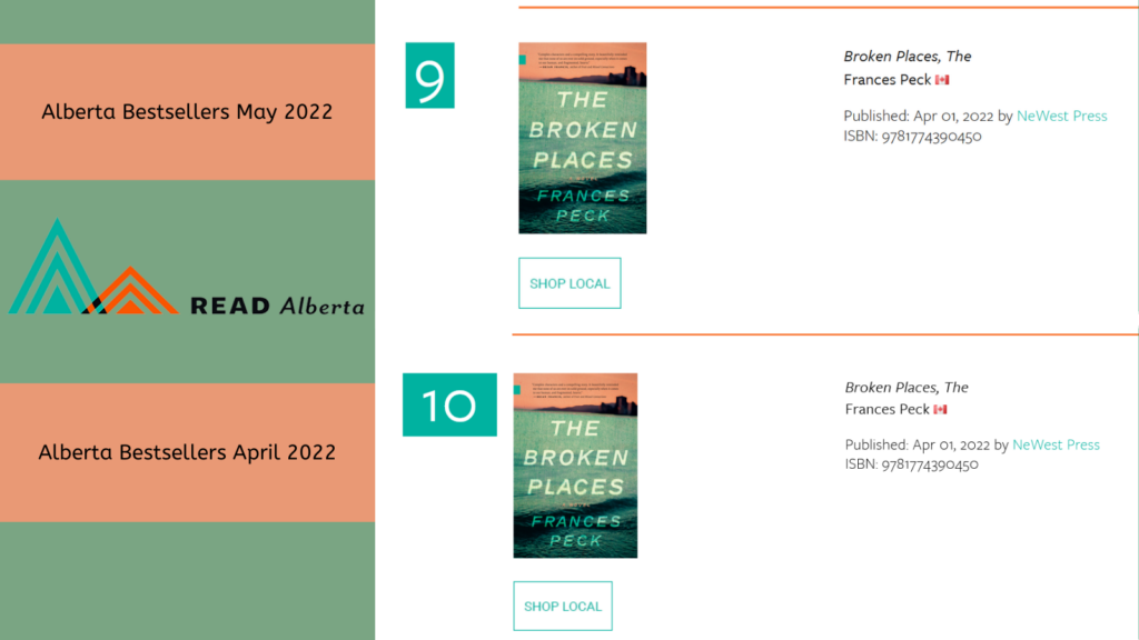 The Broken Places at number 10 on the Alberta bestsellers list for April 2022 and at number 9 for May 2022