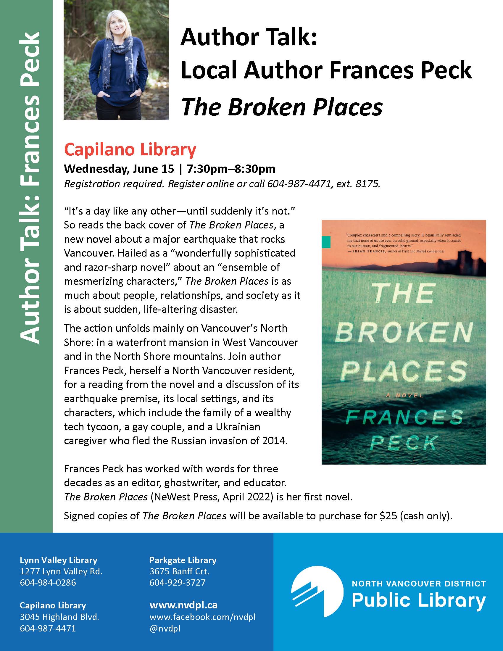 Poster advertising author talk by Frances Peck at the Capilano branch of the North Vancouver District Public Library, June 15, 7:30 to 8:30 pm.