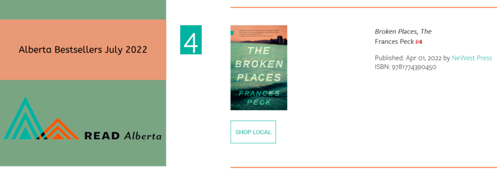 The Broken Places at number 4 on the Alberta bestsellers list for July 2022