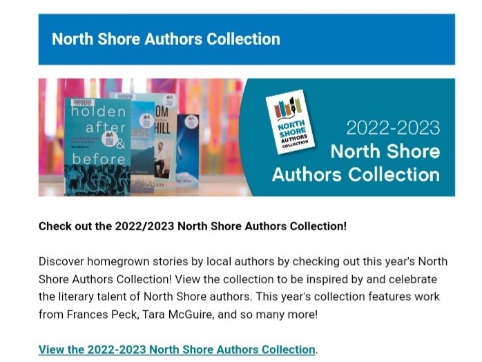 Screen shot of the North Vancouver District Public Library's notice about the 2022-2023 North Shore Authors Collection now being available.