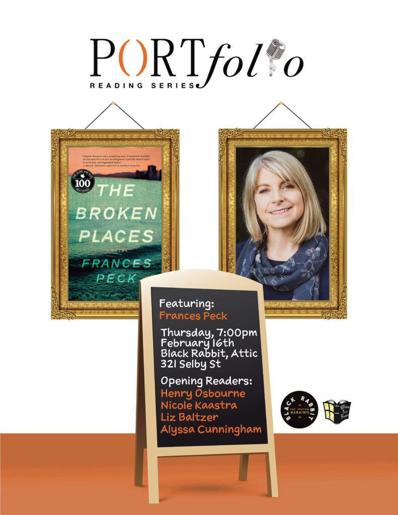 The cover of The Broken Places and a photo of Frances Peck, both in gilt frames that hang from the background, so as to suggest artworks. In front of the framed images is a chalkboard that contains details of the reading.