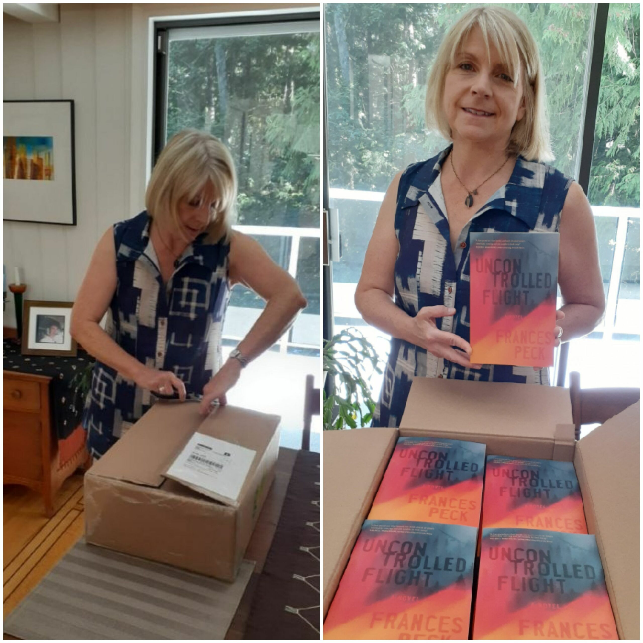 On the left, I am standing at my dining room table, with the backyard visible through a sliding glass door. I am looking down at a cardboard box that I am opening.