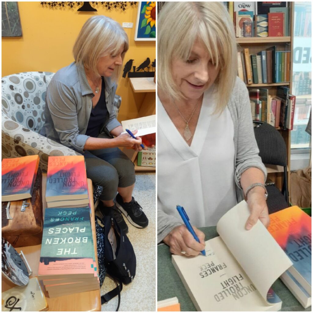 On the left, Frances sits in an armchair, with a book in hand and several piles of the novel Uncontrolled Flight and the novel The Broken Places on a table in front of her. On the right, Frances is standing behind the counter at Western Sky Books and is signing a copy of Uncontrolled Flight.