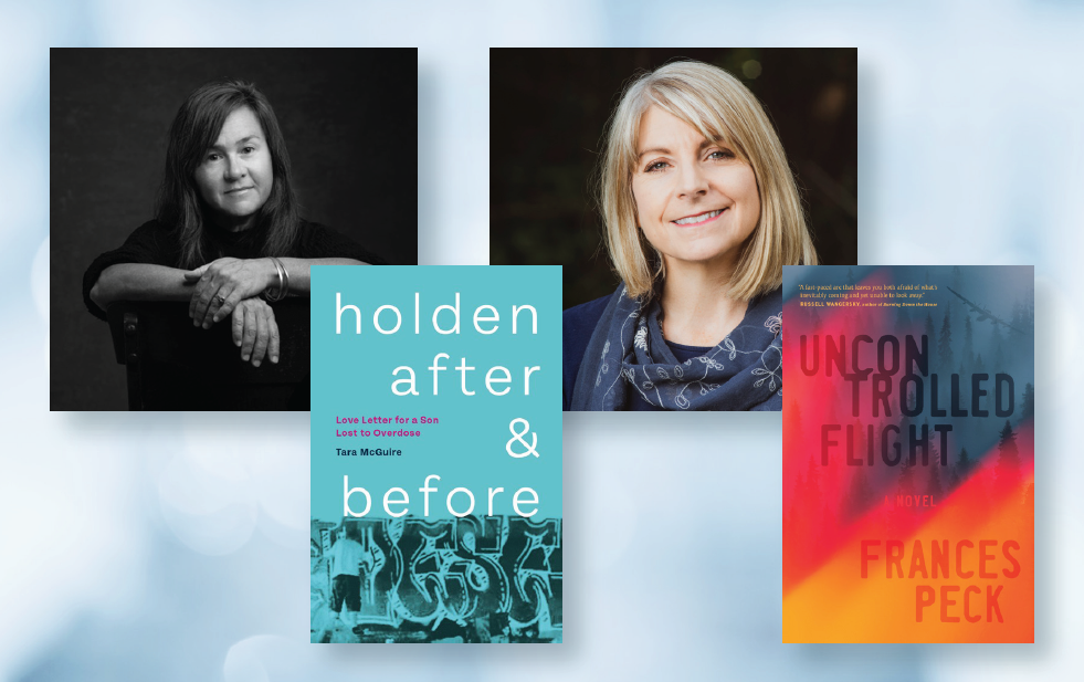 Photos of the authors Tara McGuire and Frances Peck, overlapped by covers of their books, "Holden After and Before" and "Uncontrolled Flight" respectively.
