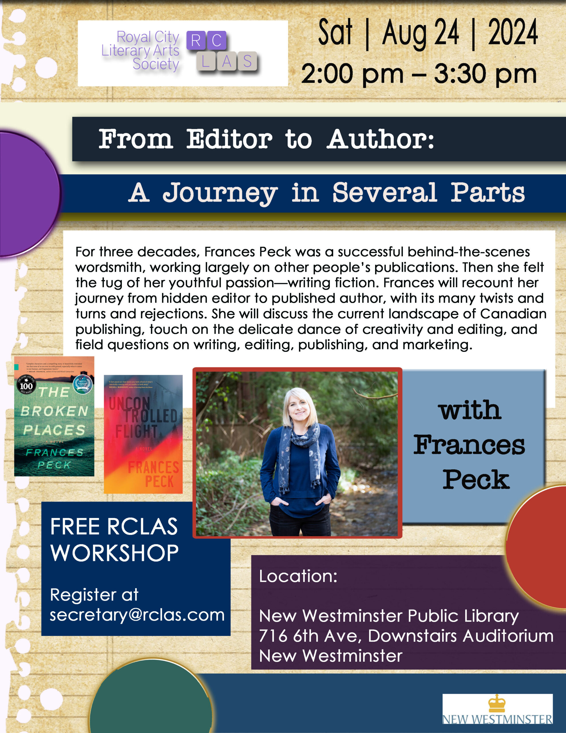 A poster for the talk "From Editor to Author: A Journey in Several Parts," a free RCLAS workshop at the New Westminster Public Library, Saturday, August 24, 2:00 to 3:30pm