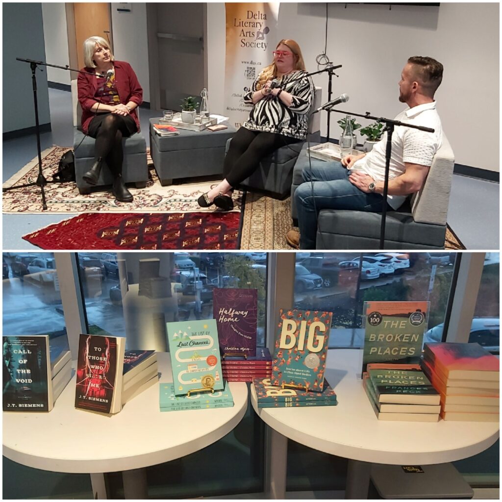 Top photo: Seated with mic stands in front of them, from left to right, Frances Peck, Christina Myers, J.T. Siemens. Behind them is a banner that says Delta Literary Arts Society. Bottom photo: Two tables holding books. From left to right, two novels by J.T. Siemens, three books by or edited by Christina Myers, and two books by Frances Peck.