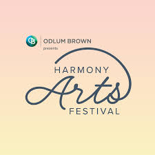 Yellow logo for Harmony Arts Festival, that says "Odlum Brown presents"